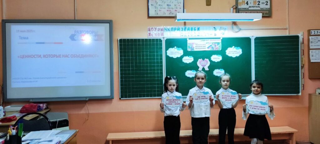 Девочки стоят у доски и рассказывают о ценностях, которые их объединяют